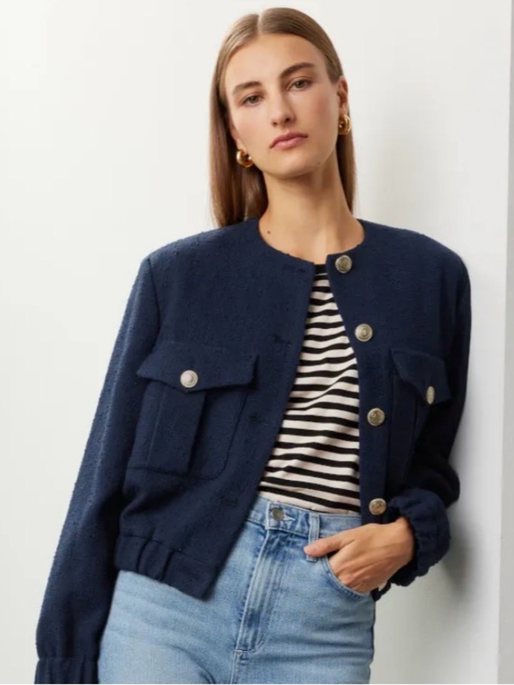 Maje Bimarine Tweed Jacket Classic Navy Button-Front Women’s Jacket Sz 38 or 4-6 - Picture 3 of 12